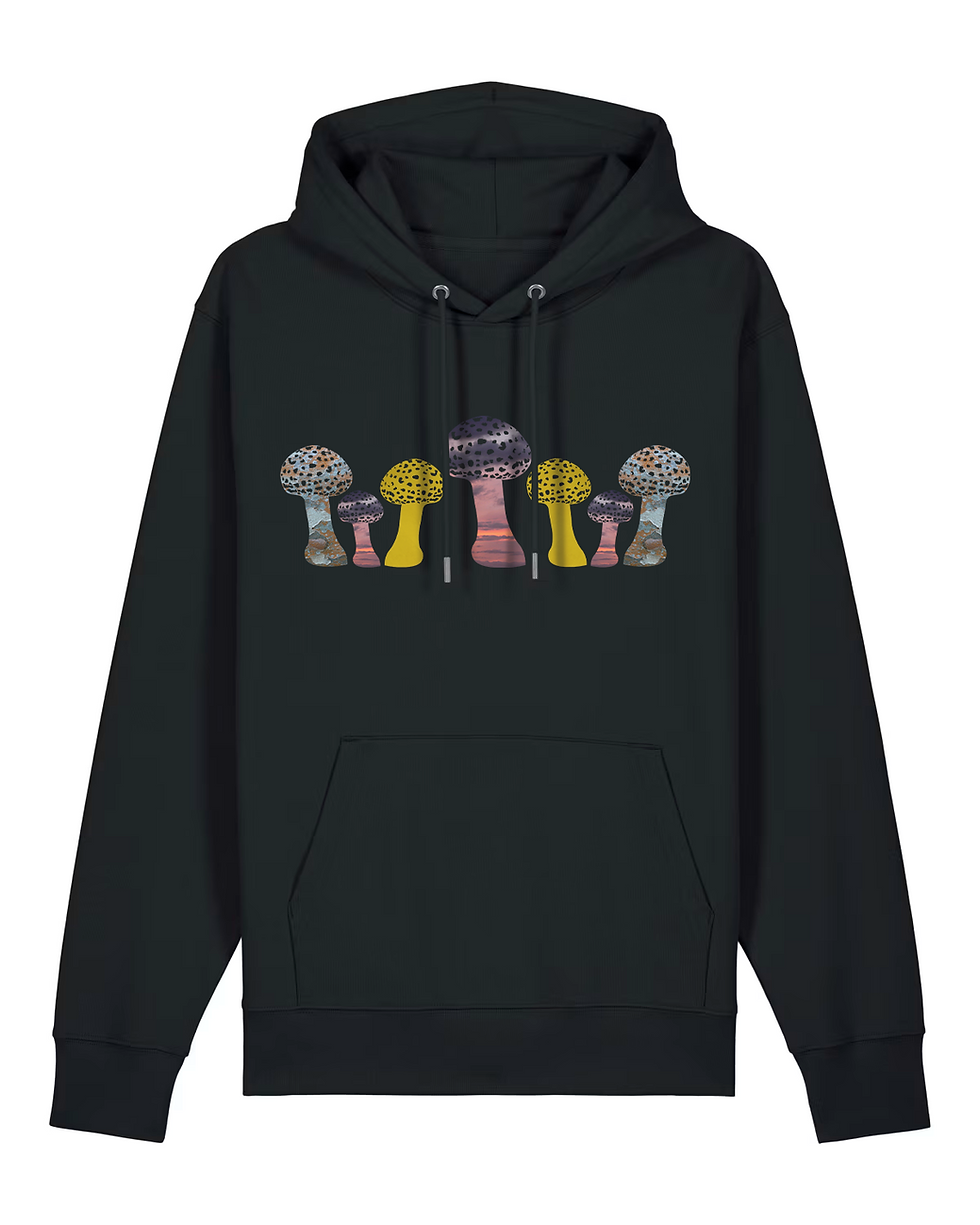 Thumbnail: Organic cotton adult hoodie with unique toadstool graphic coloured by photos of nature