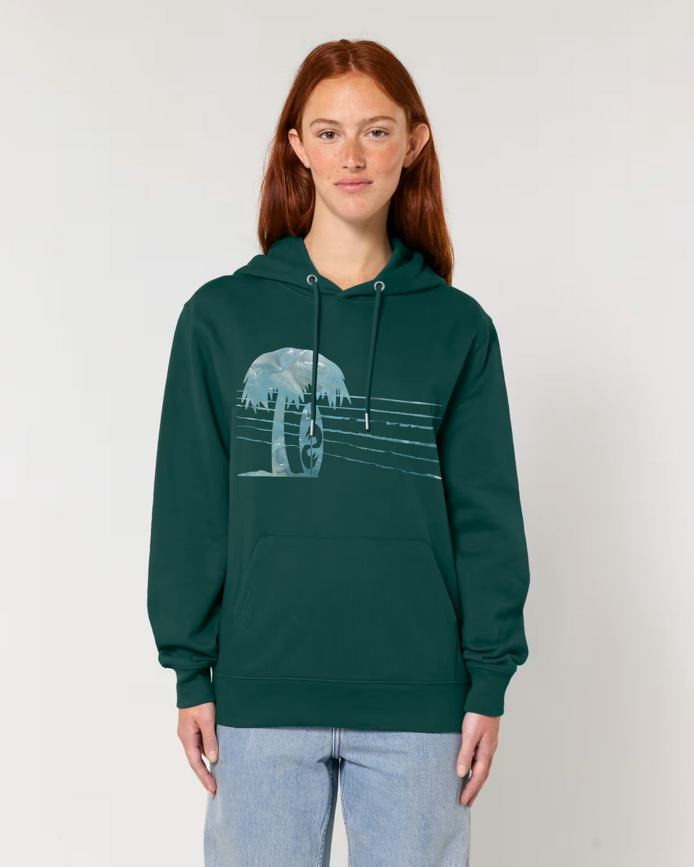 Thumbnail: Organic cotton adult hoodie with Surfboard & Palm Tree tropical summer graphic coloured by a photo of nature
