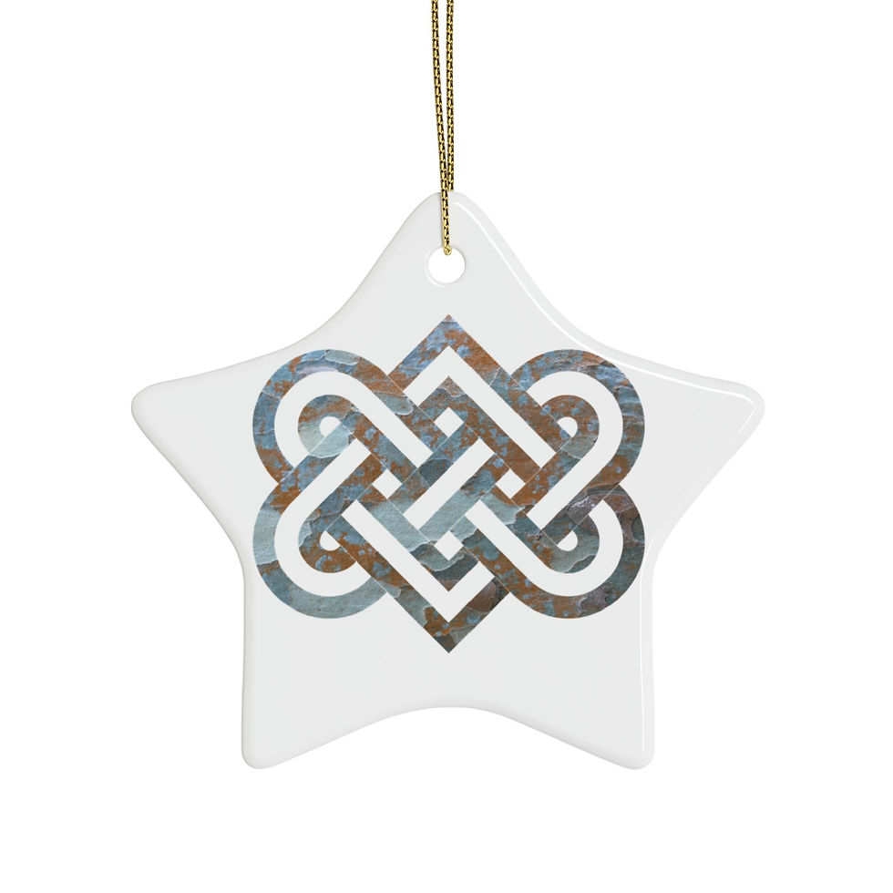 Thumbnail: eco-friendly ceramic hanging ornaments with a Celtic-inspired knot of entwined hearts, by Nat-Ts