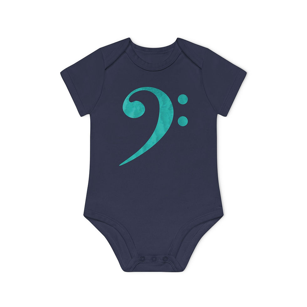 Thumbnail: super cute, organic cotton baby body suit with Bass Clef music graphic designed by Nat-Ts