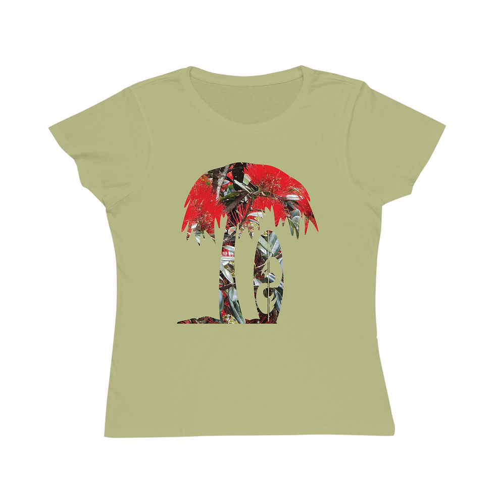 organic cotton women's t-shirt with tropical summer surfboard graphic coloured by a photo of nature