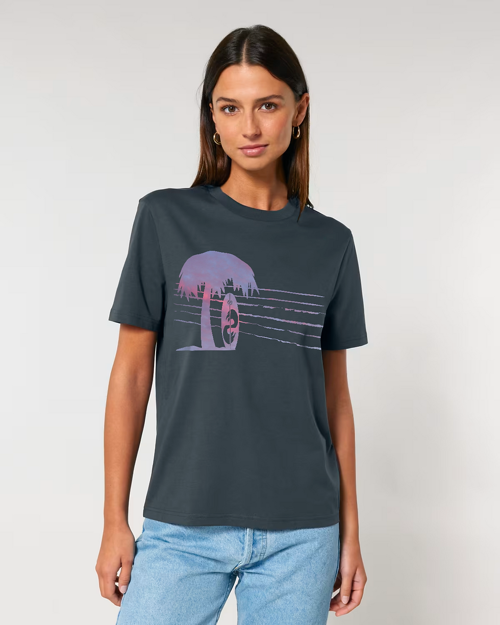 Thumbnail: Organic cotton adult t-shirt with surfboard & palm tree tropical summer graphics coloured by photos of nature