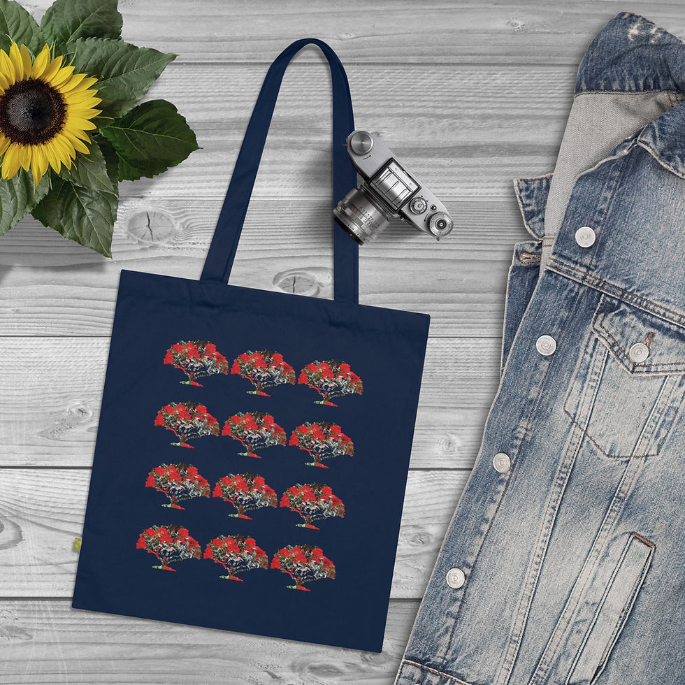Thumbnail: organic cotton tote bag with unique pohutukawa tree graphic coloured by real photos of nature