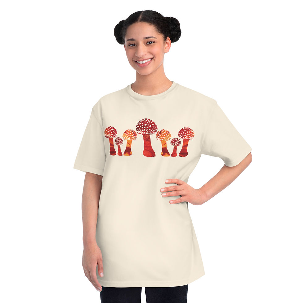 Thumbnail: organic cotton unisex adult t-shirt with vibrant toadstool design coloured by authentic photos of nature