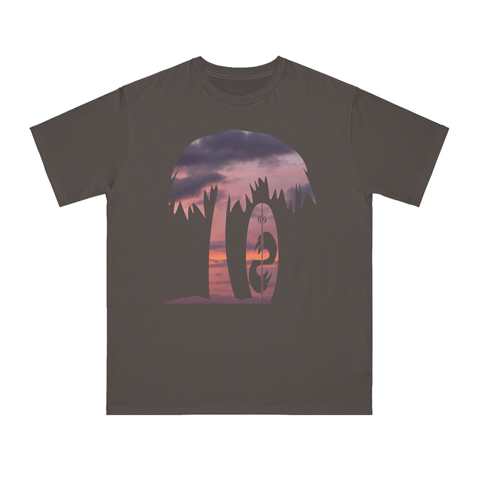 Thumbnail: organic cotton unisex adult t-shirt with tropical summer surfboard graphic coloured by a photo of nature