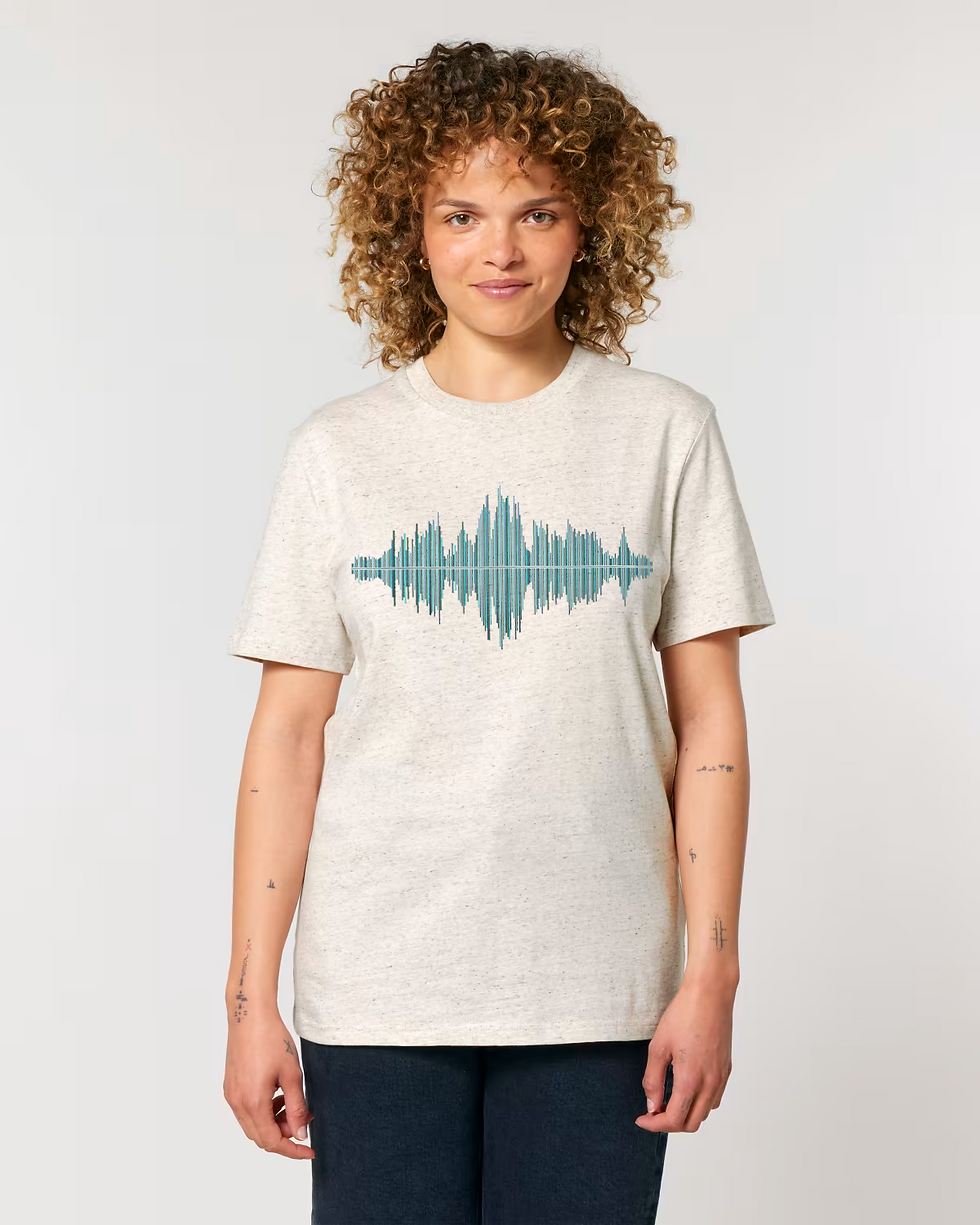 organic cotton unisex adult t-shirt with vibrant music soundwave graphic coloured by unfiltered photos of nature