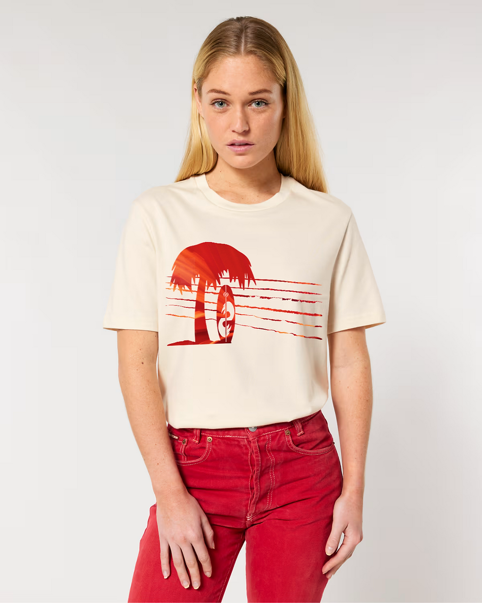 Organic cotton adult t-shirt with surfboard & palm tree tropical summer graphics coloured by photos of nature