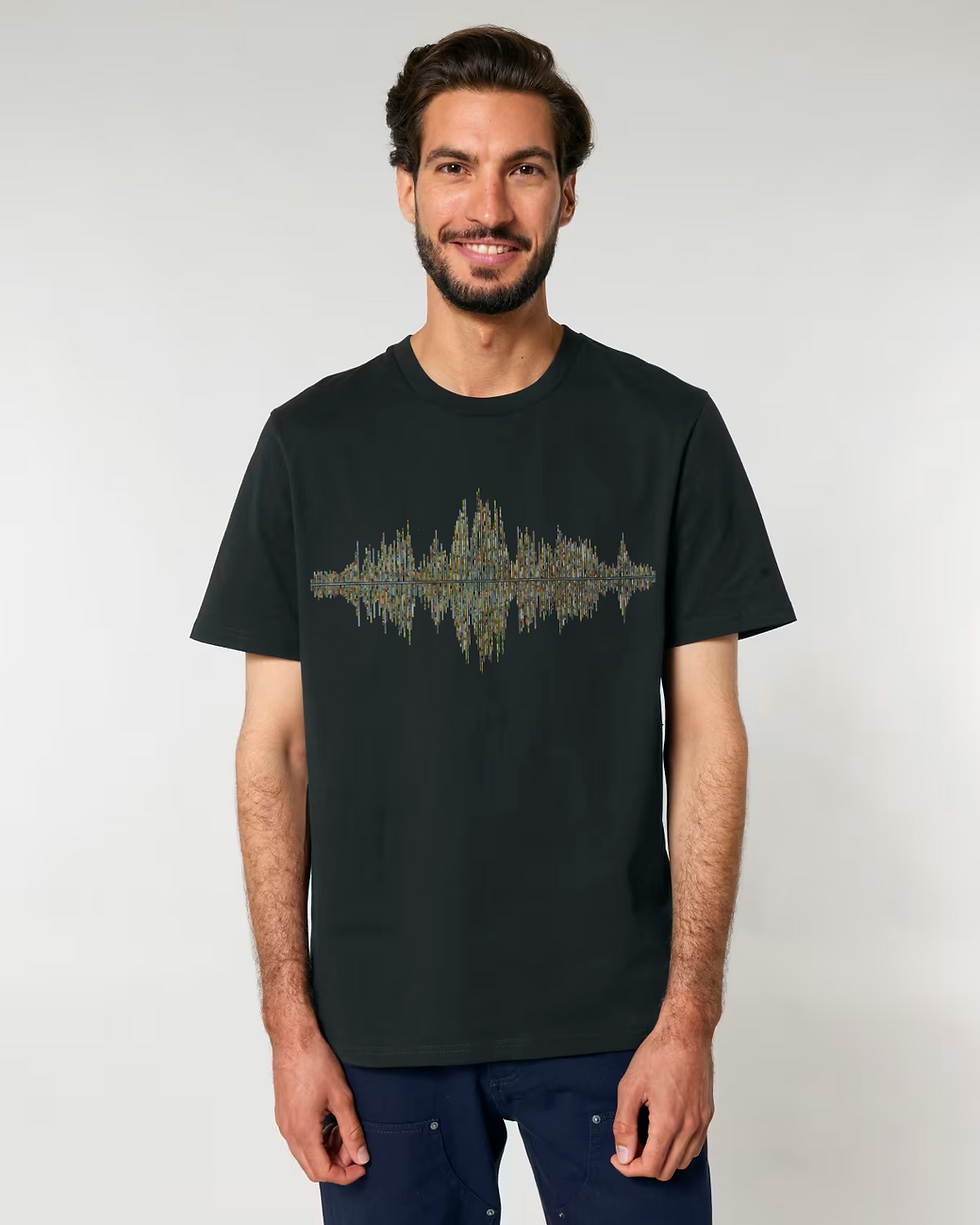 Thumbnail: organic cotton unisex adult t-shirt with vibrant music soundwave graphic coloured by unfiltered photos of nature