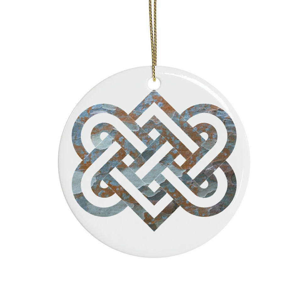 Thumbnail: eco-friendly ceramic hanging ornaments with a Celtic-inspired knot of entwined hearts, by Nat-Ts