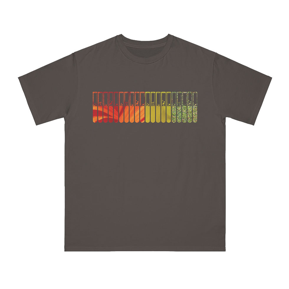 Thumbnail: organic cotton adult unisex t-shirt with original test tubes graphic coloured by photos of nature