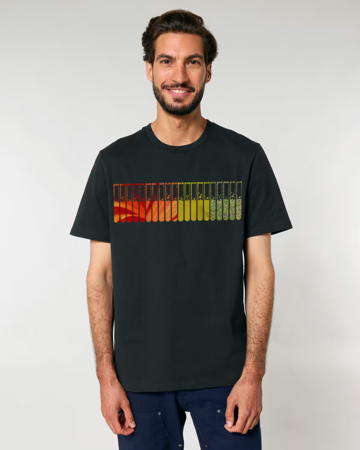 Organic cotton adult t-shirt with test tubes science graphic coloured by photos of nature