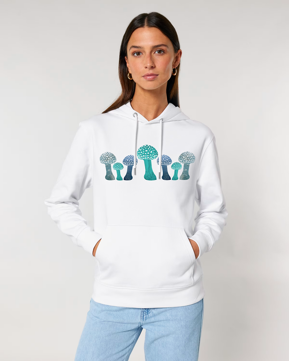 Thumbnail: Organic cotton adult hoodie with unique toadstool graphic coloured by photos of nature