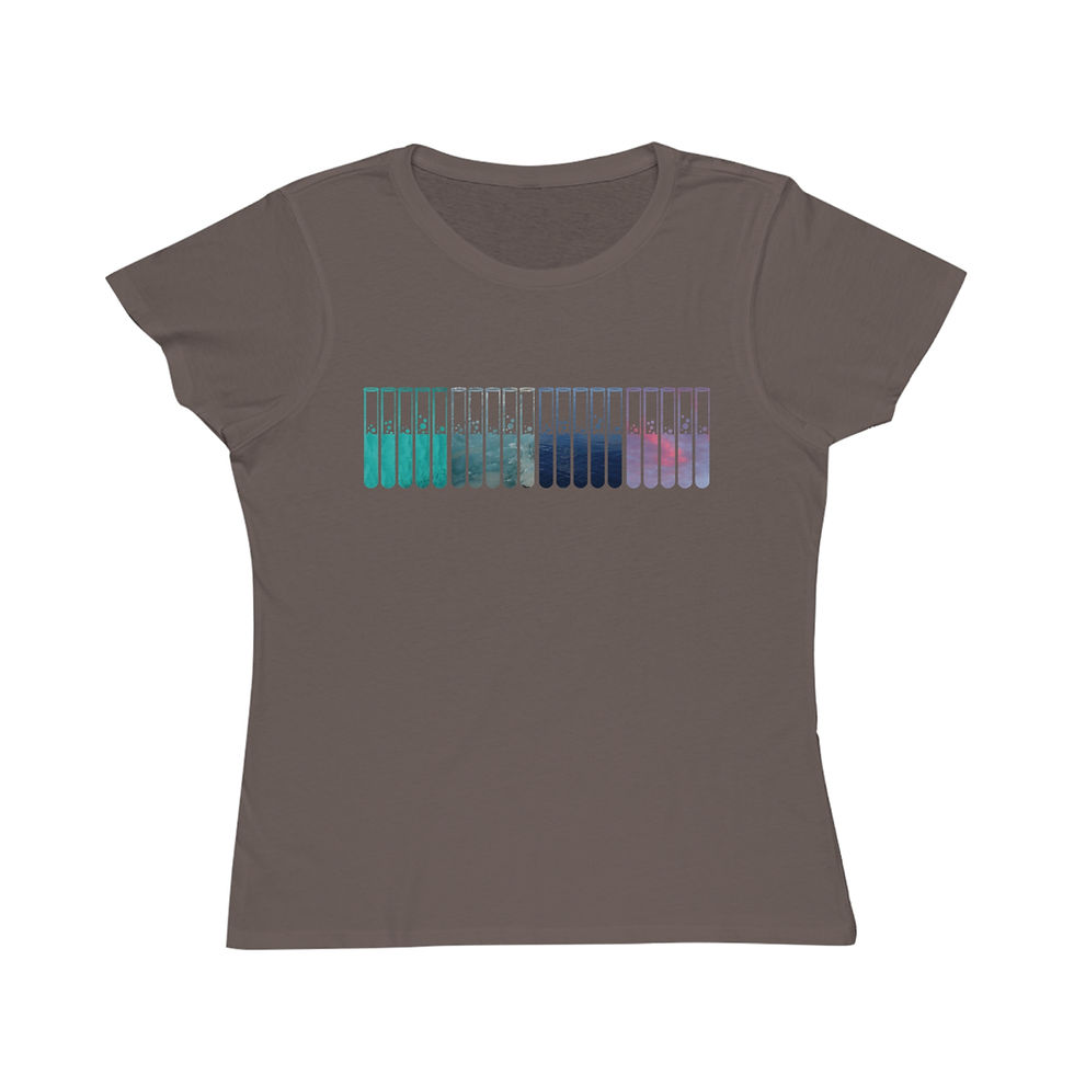 Thumbnail: organic cotton women's t-shirt with unique test tubes science graphic coloured by photos of nature