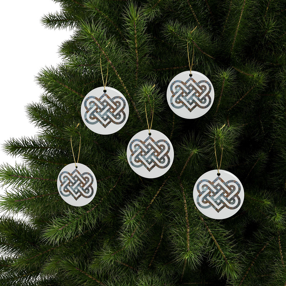 Thumbnail: eco-friendly ceramic hanging ornaments with a Celtic-inspired knot of entwined hearts, by Nat-Ts