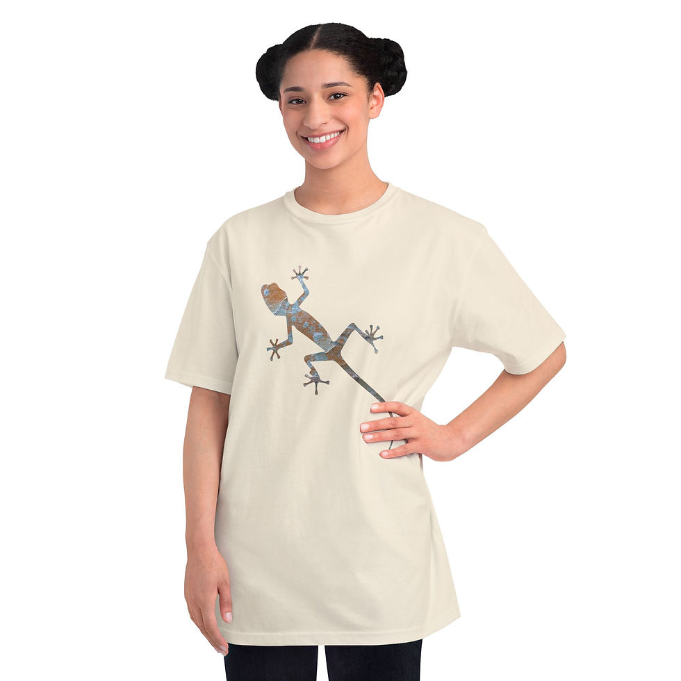 Thumbnail: organic cotton unisex adult t-shirt with adorable gecko graphic coloured by an unfiltered photo of nature