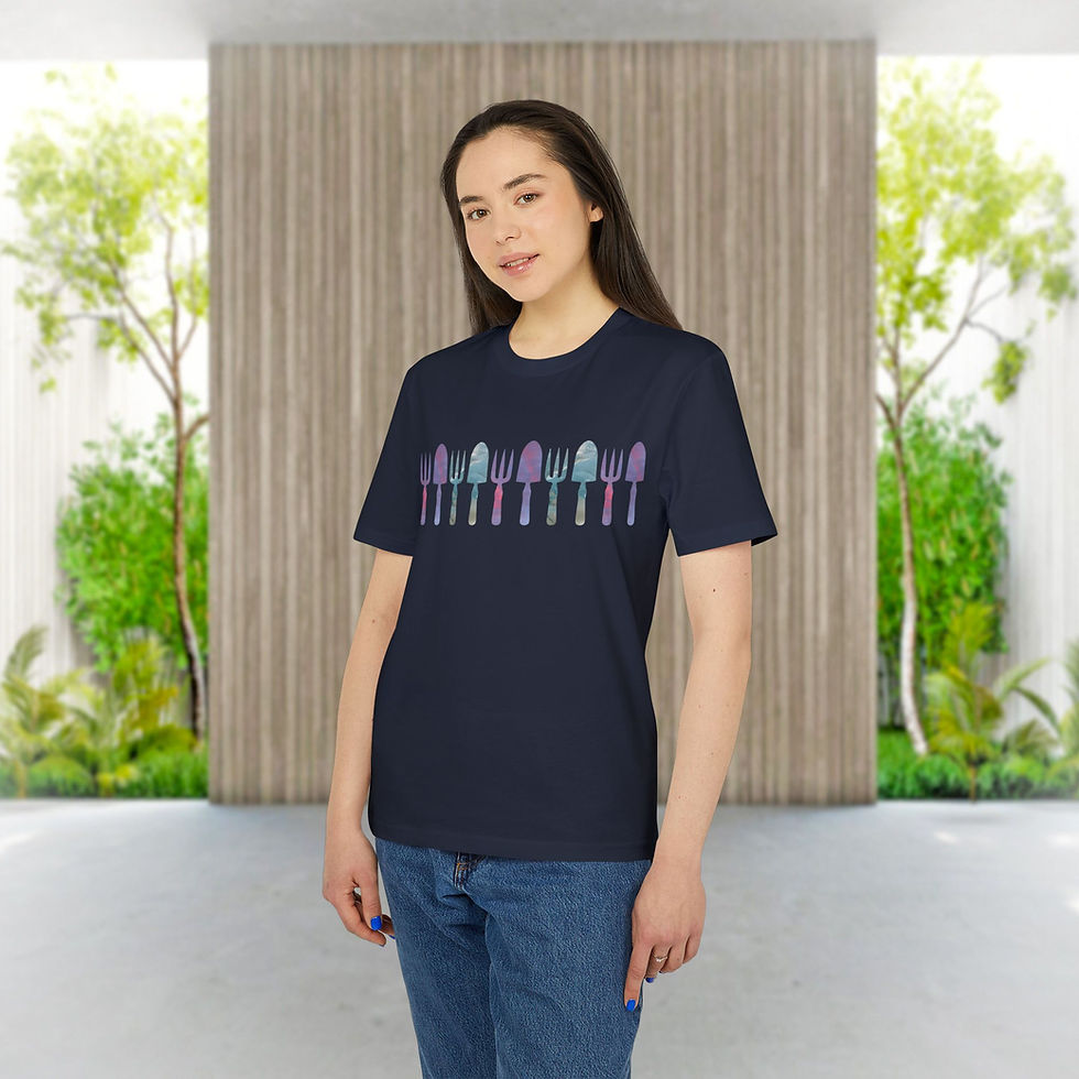 organic adult unisex t shirt with gardening tools graphic by Nat-Ts
