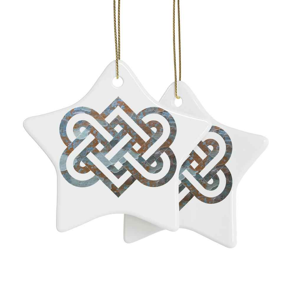 Thumbnail: eco-friendly ceramic hanging ornaments with a Celtic-inspired knot of entwined hearts, by Nat-Ts
