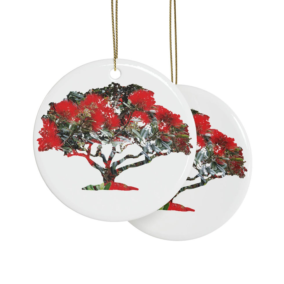 eco-friendly ceramic hanging ornaments with a pohutukawa tree kiwi summer graphic by Nat-Ts