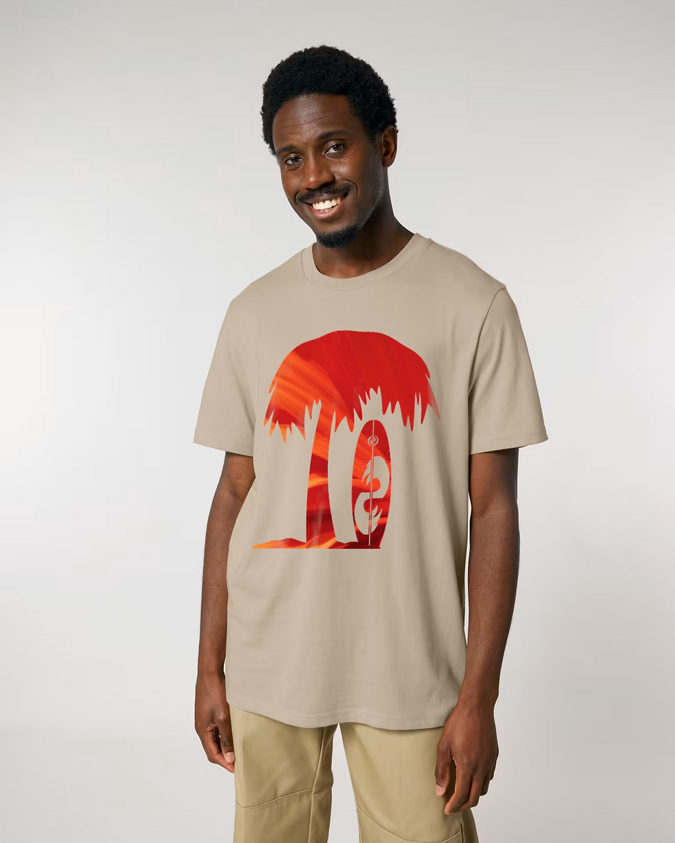 Thumbnail: Organic cotton adult t-shirt with surfboard & palm tree tropical summer graphics coloured by photos of nature