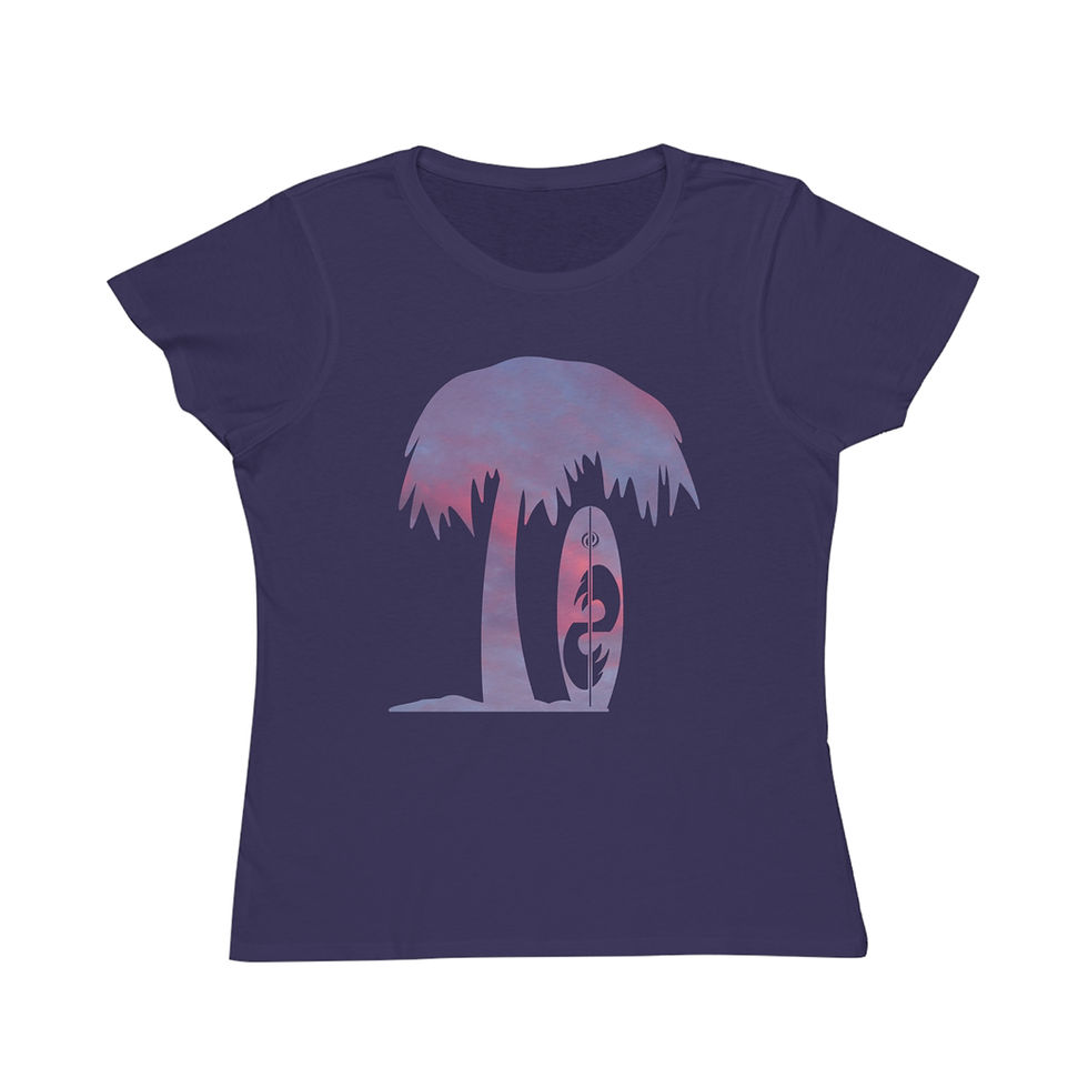 Thumbnail: organic cotton women's t-shirt with tropical summer surfboard graphic coloured by a photo of nature