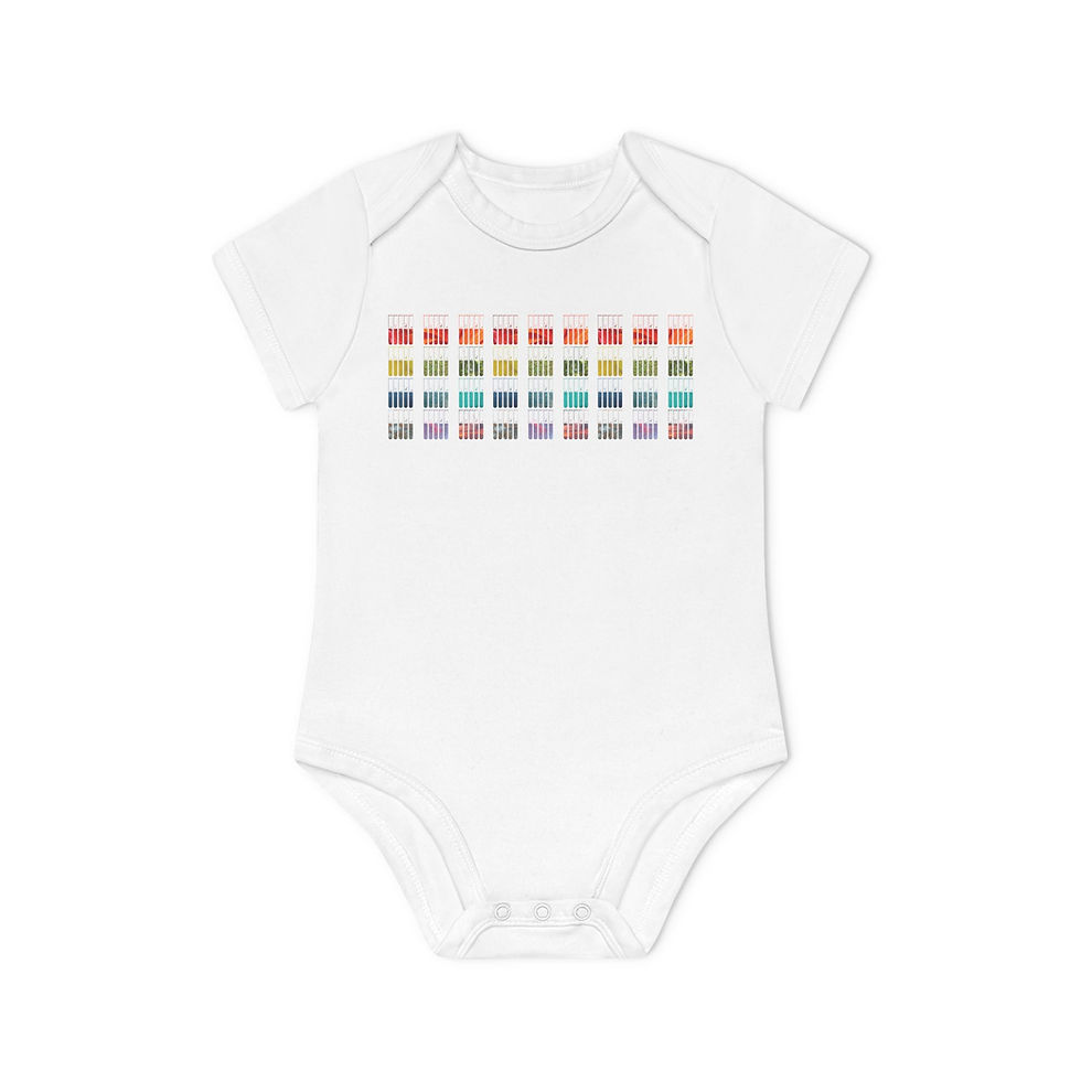 Thumbnail: organic cotton baby body suit with test tubes science graphic coloured by photos of nature