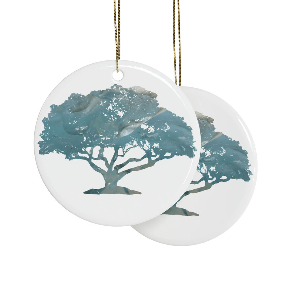 Thumbnail: eco-friendly ceramic hanging ornaments with a tree graphic coloured by a photo of a glacier, by Nat-Ts