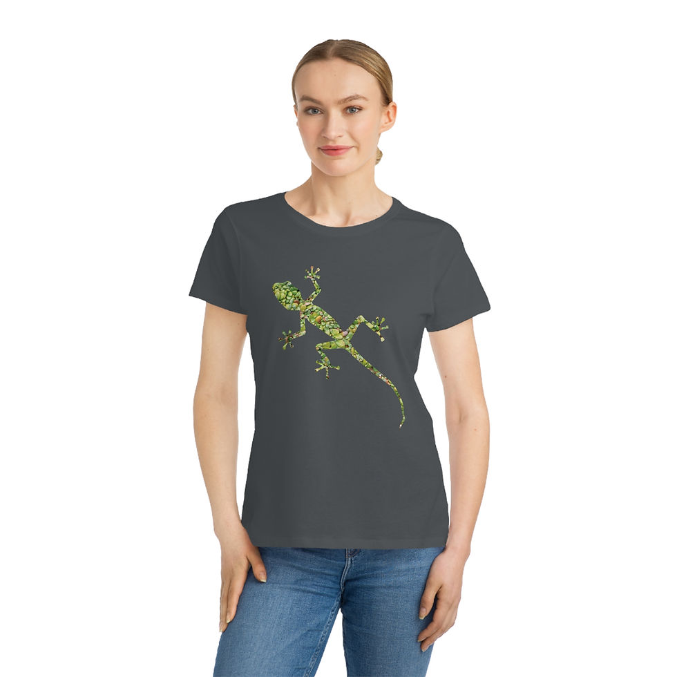 Thumbnail: organic cotton women's t-shirt with Nat-Ts' adorable gecko graphic coloured by a photo of nature