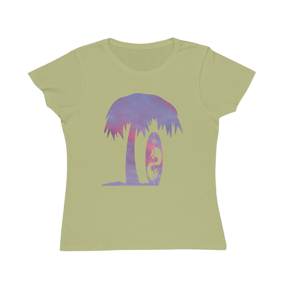 Thumbnail: organic cotton women's t-shirt with tropical summer surfboard graphic coloured by a photo of nature