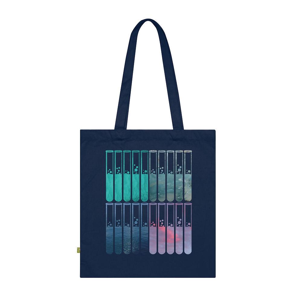 Thumbnail: organic cotton tote bag with vibrant test tubes science graphic coloured by real photos of nature