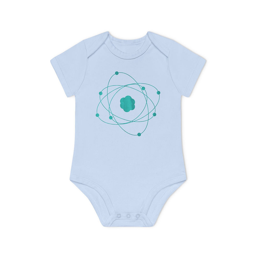 Thumbnail: organic cotton, super cute baby body suit with Atom particle science graphic designed by Nat-Ts