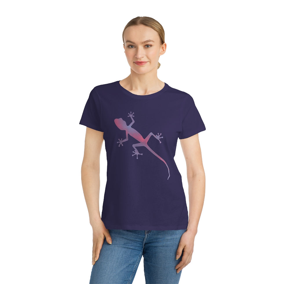 Thumbnail: organic cotton women's t-shirt with Nat-Ts' adorable gecko graphic coloured by a photo of nature