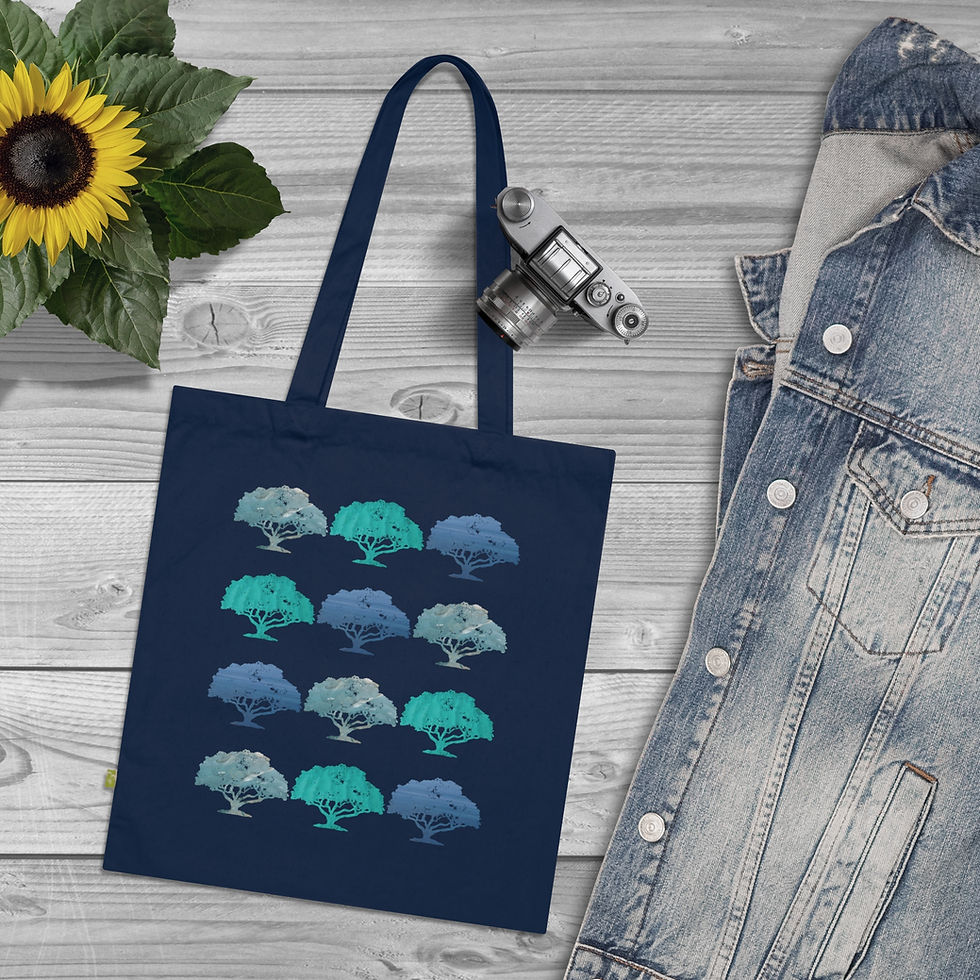 Thumbnail: organic cotton tote bag with unique winter forest graphic coloured by real photos of nature