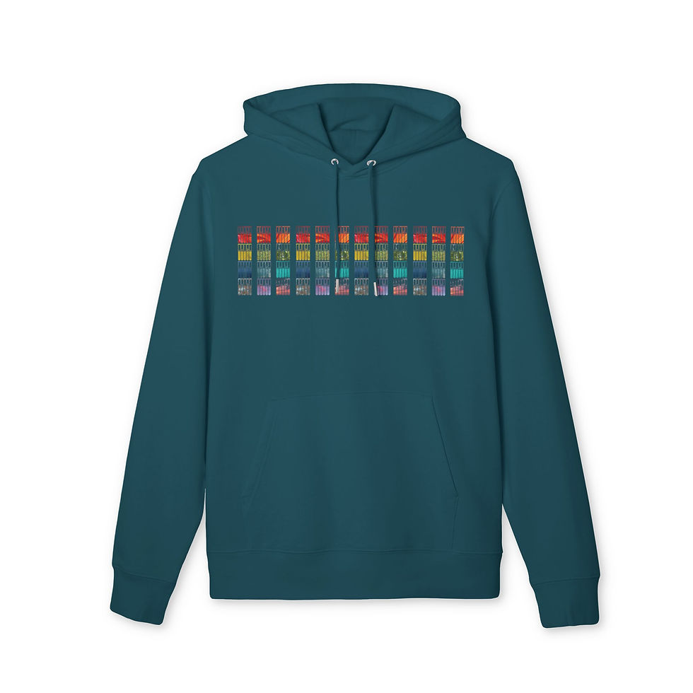 Organic cotton adult hoodie with unique test tubes science graphic coloured by photos of nature