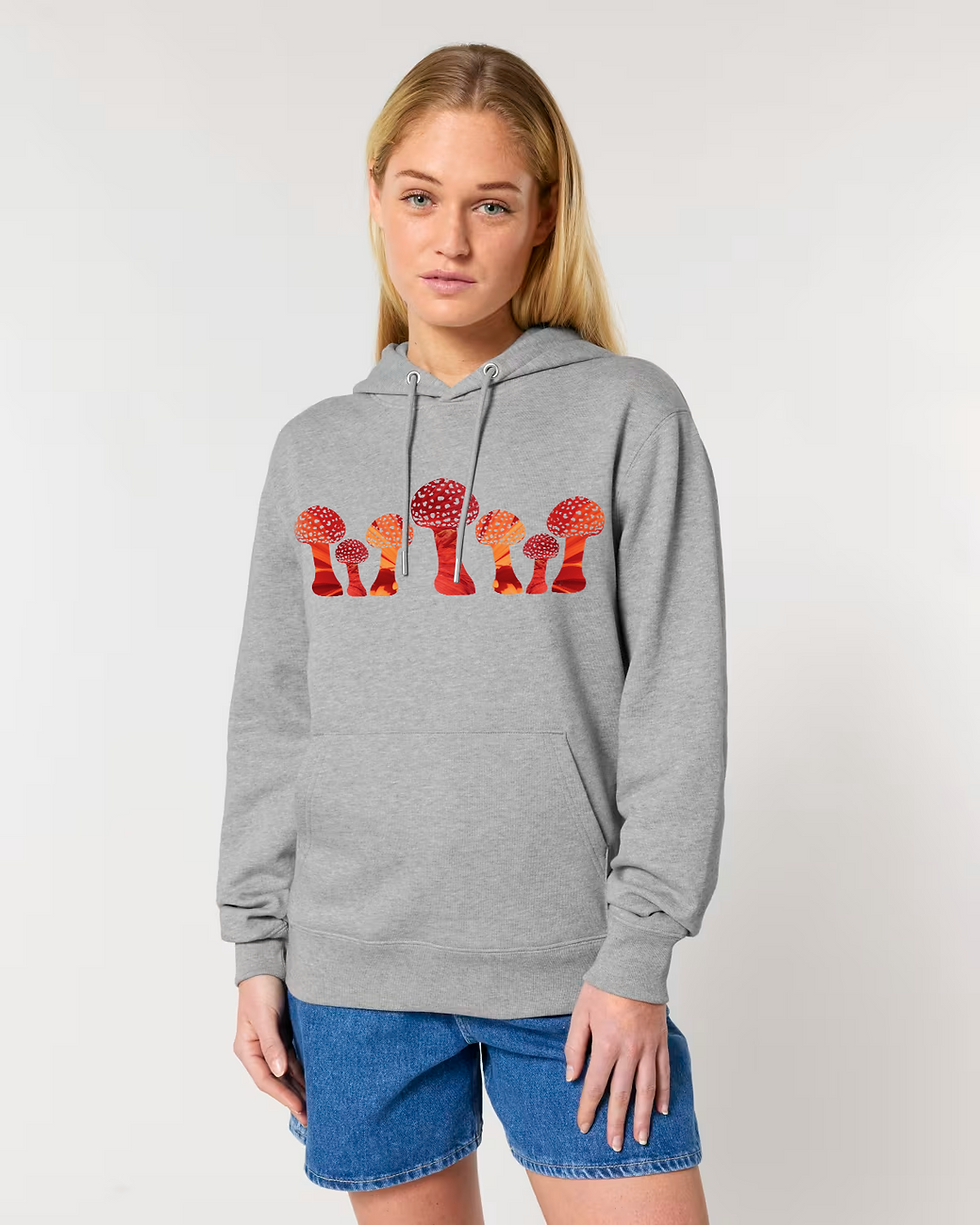 Thumbnail: Organic cotton adult hoodie with unique toadstool graphic coloured by photos of nature