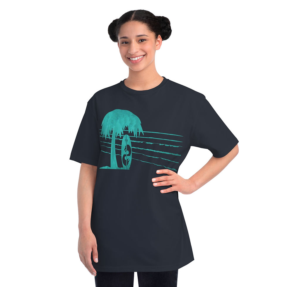 organic cotton unisex adult t-shirt with tropical summer surfboard graphic coloured by a photo of nature
