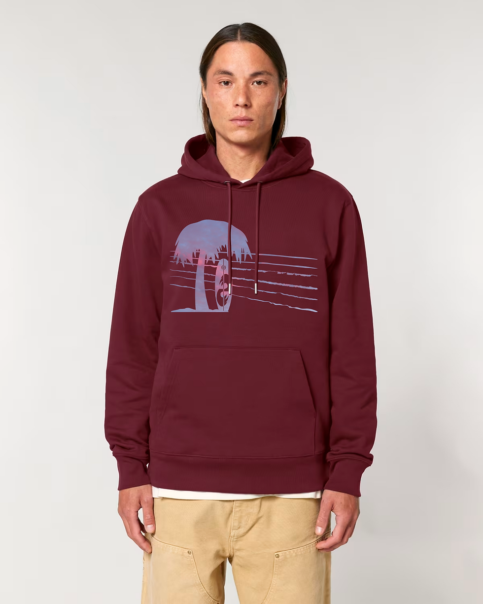 Thumbnail: Organic cotton adult hoodie with Surfboard & Palm Tree tropical summer graphic coloured by a photo of nature