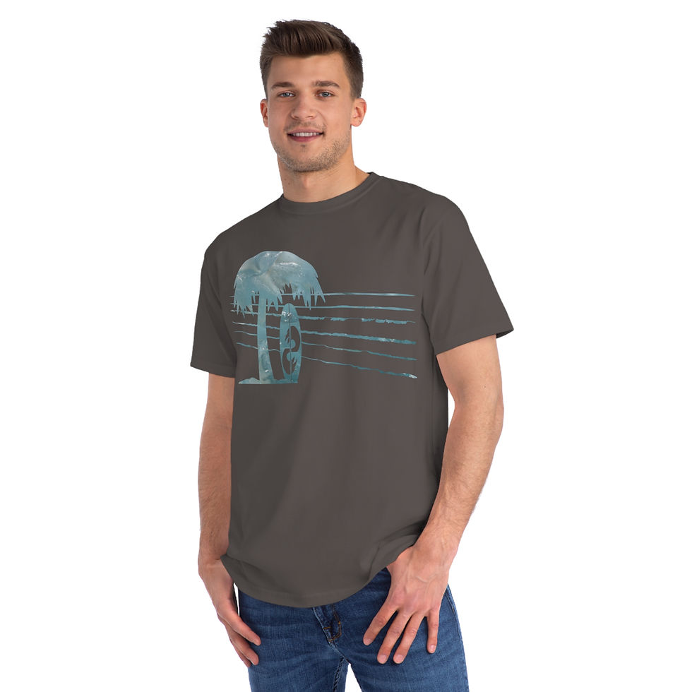 Thumbnail: organic cotton unisex adult t-shirt with tropical summer surfboard graphic coloured by a photo of nature