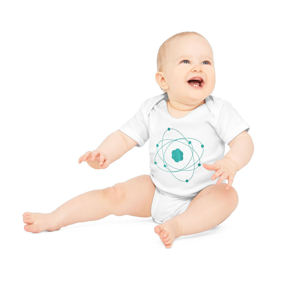 Thumbnail: organic cotton, super cute baby body suit with Atom particle science graphic designed by Nat-Ts