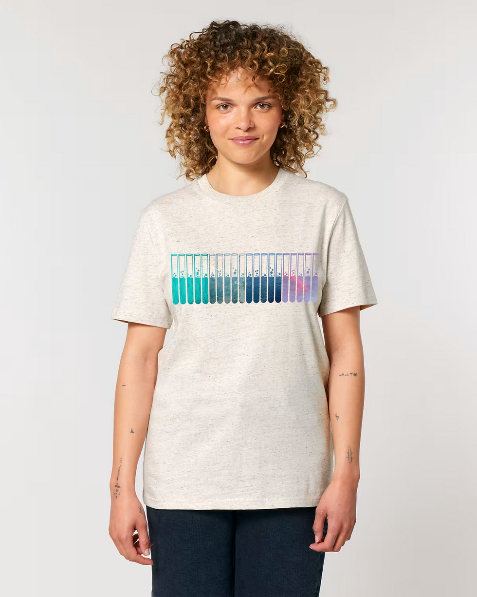 Thumbnail: Organic cotton adult t-shirt with test tubes science graphic coloured by photos of nature