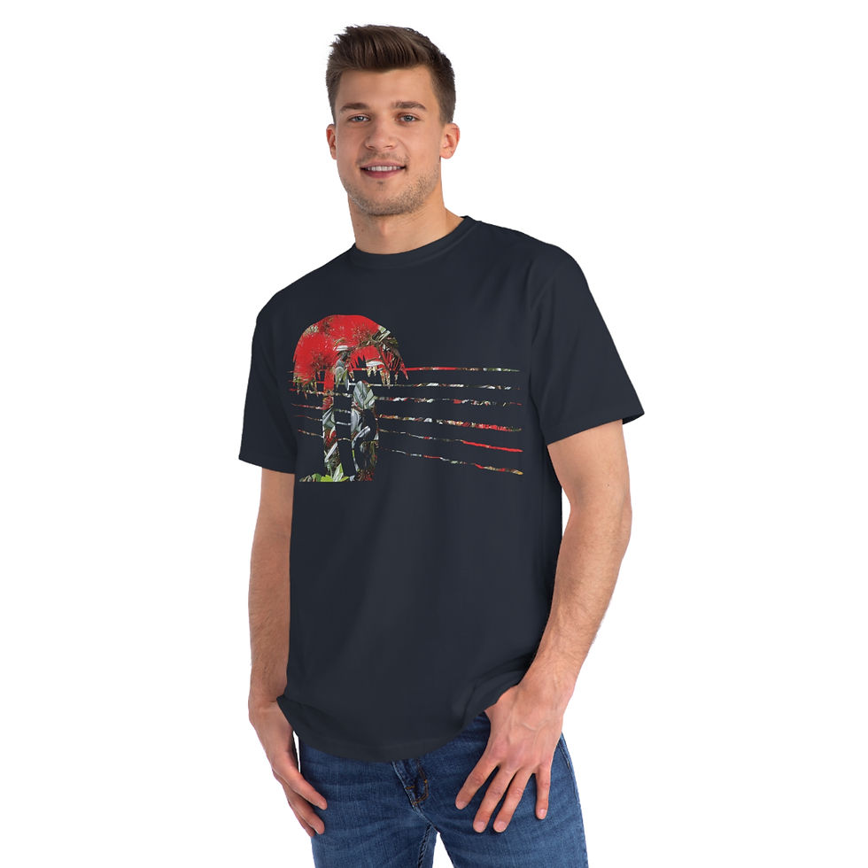 Thumbnail: organic cotton unisex adult t-shirt with tropical summer surfboard graphic coloured by a photo of nature