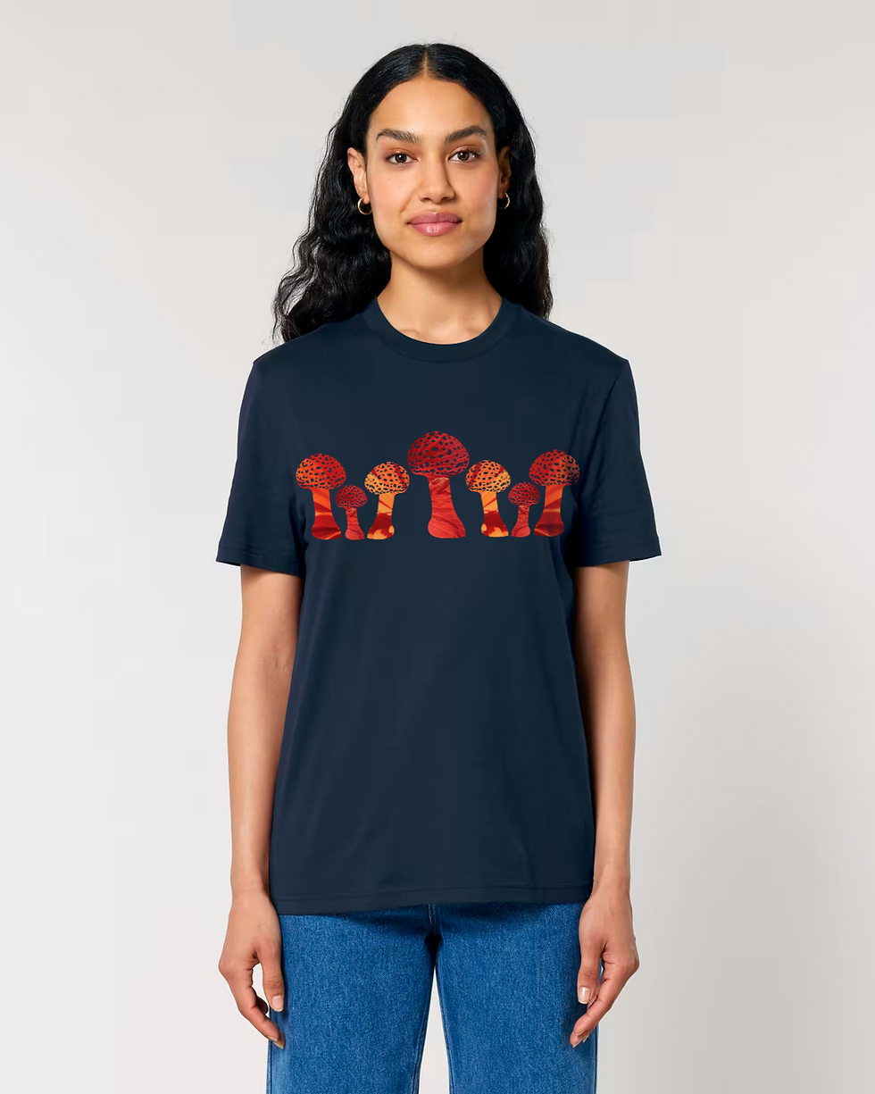 Thumbnail: Organic cotton adult t-shirt with toadstool graphics coloured by photos of nature