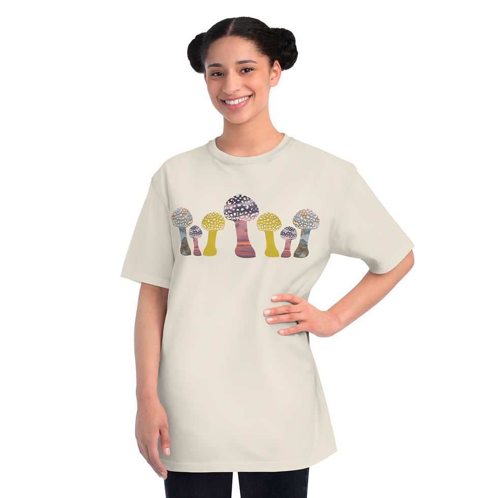 Thumbnail: organic cotton unisex adult t-shirt with vibrant toadstool design coloured by authentic photos of nature