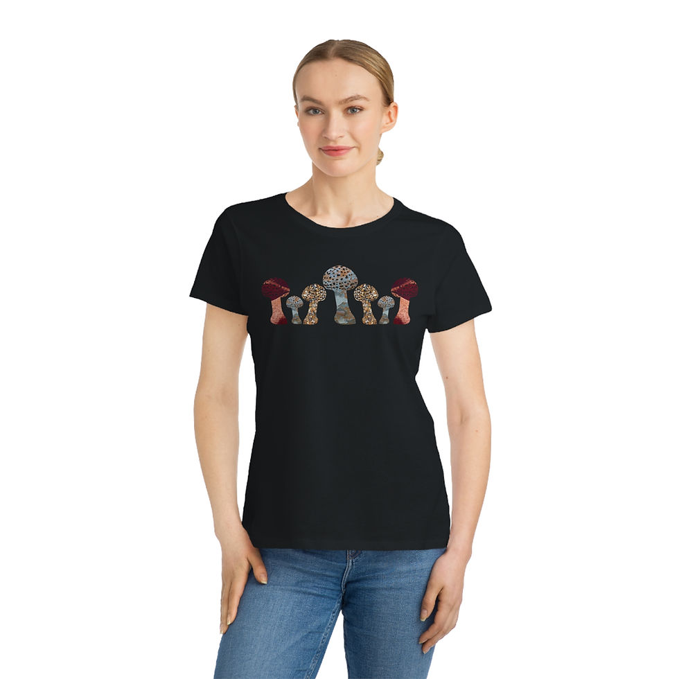 Thumbnail: organic cotton women's t-shirt with unique toadstool graphic coloured by photos of nature