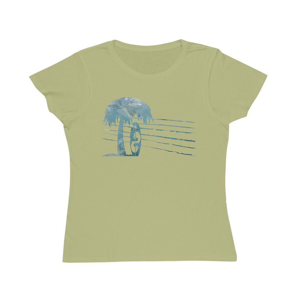 Thumbnail: organic cotton women's t-shirt with tropical summer surfboard graphic coloured by a photo of nature