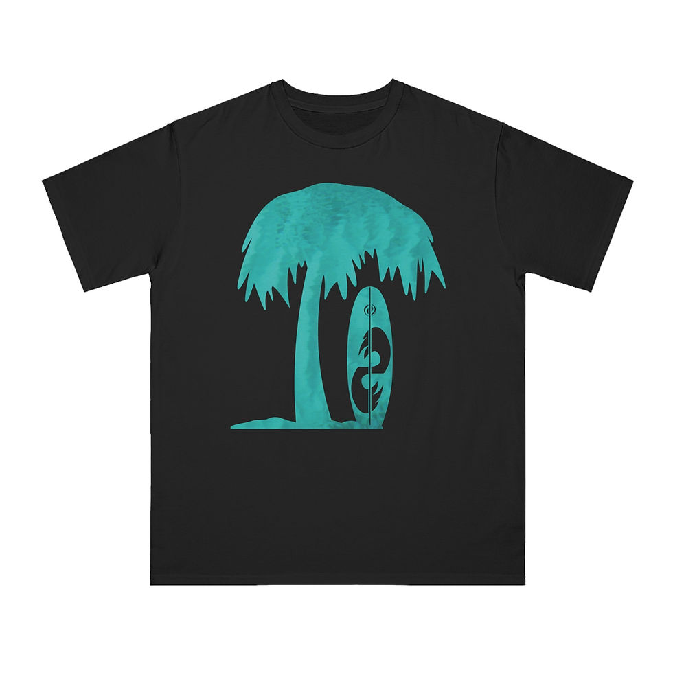 Thumbnail: organic cotton unisex adult t-shirt with tropical summer surfboard graphic coloured by a photo of nature