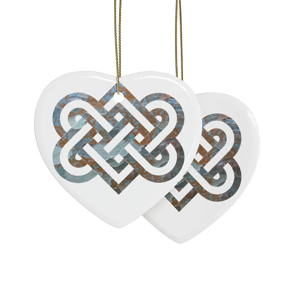 Thumbnail: eco-friendly ceramic hanging ornaments with a Celtic-inspired knot of entwined hearts, by Nat-Ts