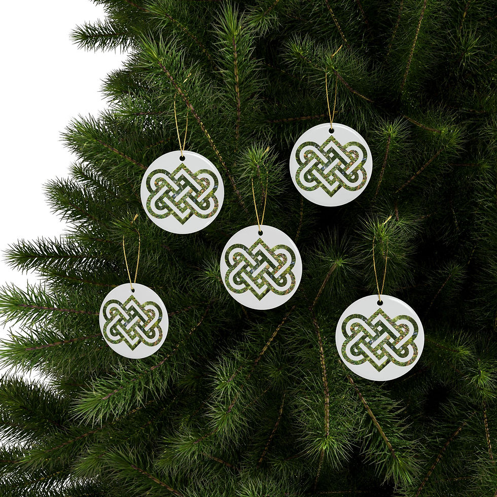 Thumbnail: eco-friendly ceramic hanging ornaments with a Celtic-inspired knot of entwined hearts, by Nat-Ts