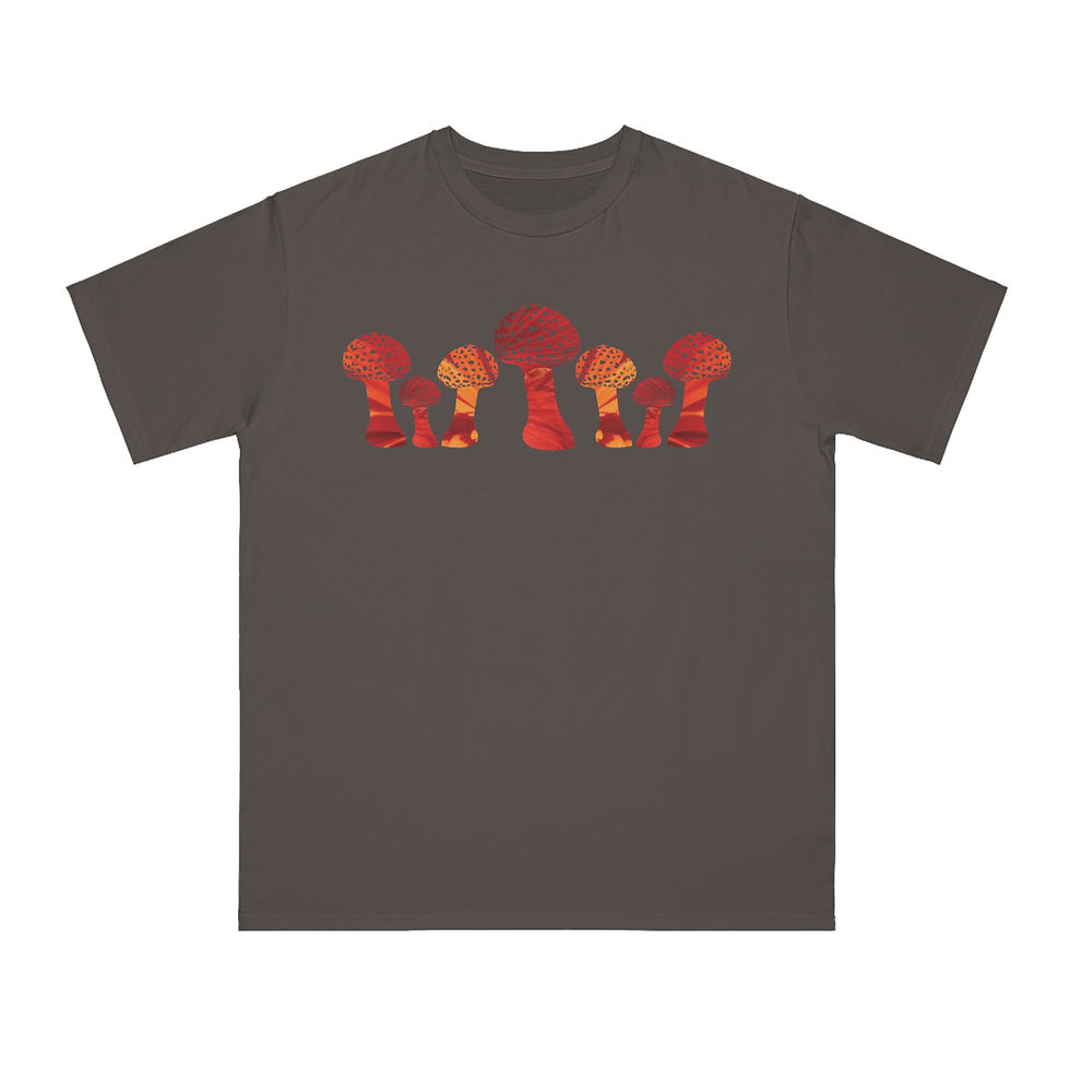 Thumbnail: organic cotton unisex adult t-shirt with vibrant toadstool design coloured by authentic photos of nature