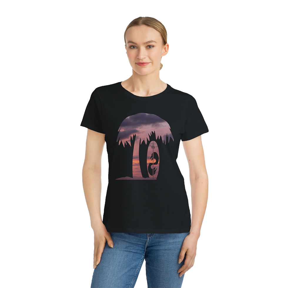 Thumbnail: organic cotton women's t-shirt with tropical summer surfboard graphic coloured by a photo of nature