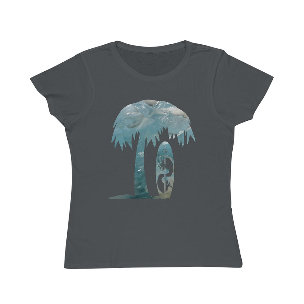 Thumbnail: organic cotton women's t-shirt with tropical summer surfboard graphic coloured by a photo of nature